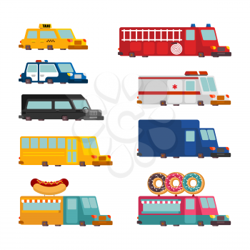 Car cartoon set. Fire engine and police car. ambulance and taxi. Fast food truck. vector illustration