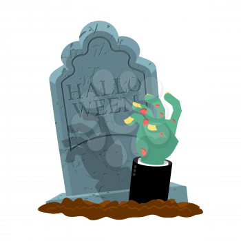 Halloween. Grave and hand of zombie. Gravestone and arm dead man. Illustration for terrible holiday
