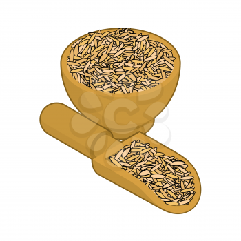 Oat in wooden bowl and spoon. Groats in wood dish and shovel. Grain on white background. Vector illustration