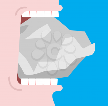Bite stone. Gnaw granite. Broken teeth. Open mouth and stone. Vector illustration
