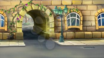 Digital painting of the small arch in resident building, entrance to the courtyard.