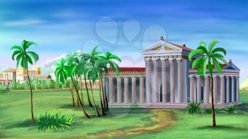 Digital painting of the Ancient Greek Temple with palms.