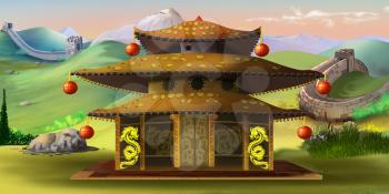 Digital painting of the Chinese Pagoda with Great Wall on the background.