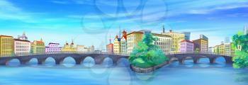 Digital painting of the bridges and streets of Paris in summer day. Panorama