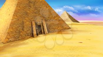 Digital painting of the Egyptian pyramid with entrance. Mystic and secret scene. Long shot.