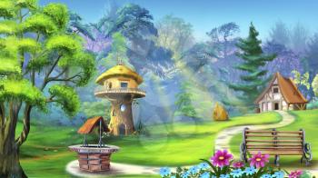Digital painting of the landscape with magic house in the forest. With bench, well, trees and flowers.