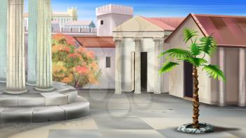 Digital painting of courtyard of an temple in ancient Greece.