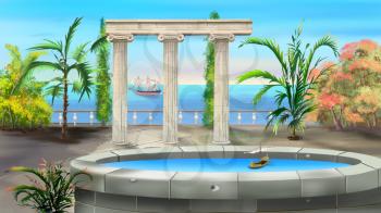 Digital painting of the Ancient Greek Colonnade against the sea