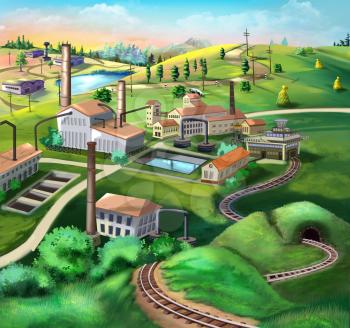 Digital painting of the Industrial landscape with factories, railroad and green plants.