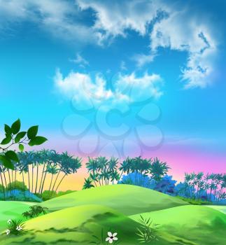 Digital painting of the landscape with palms against the blue sky.