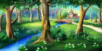 Digital painting of the magic forest near the fairytale castle. Idyllic fairy tale illustration