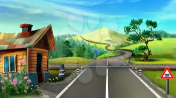 Digital painting of the railway crossing on the highway. With the station booth, trees, flowers and mountain view.