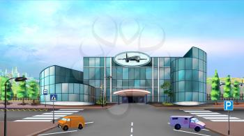 Digital painting of the airport building. Long shot with road, parking and cars.