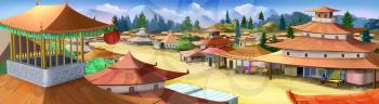 Digital painting of the Chinese village with small houses.