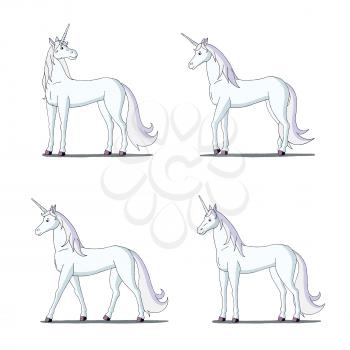 Set of White Unicorn images. Digital painting  full color cartoon style illustration isolated on white background.