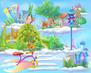 Digital Painting, Illustration of a Fairy Tale World with Floating Islands in the Sky.  Fantastic Cartoon Style Artwork Scene, Story Background, Card Design