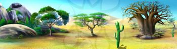 Digital painting of the African Savannah in a summer day with big baobab and stone rocks on background. Panorama.
