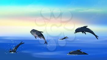 Flock of playful dolphins swimming and jumping in a ocean in the early morning. Digital painting  cartoon style full color illustration.