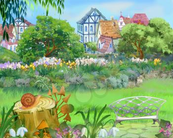 Digital Painting, Illustration of a Colorful Fairy Tale Park in the City. Cartoon Style Artwork Scene, Story Background, Card Design