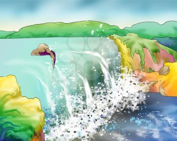 Digital Painting, Illustration of a beautiful waterfall in a summer day. Cartoon Style Character, Fairy Tale Story Background.