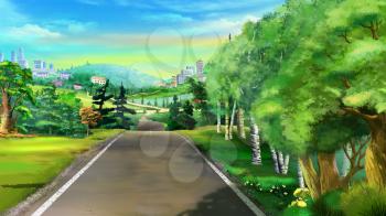 Digital Painting, Illustration of a path near the forest in Realistic Cartoon Style