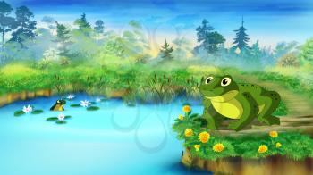 Green Frog Sitting and Croaking Near the Pond in a Summer day. Digital painting  cartoon style full color illustration.