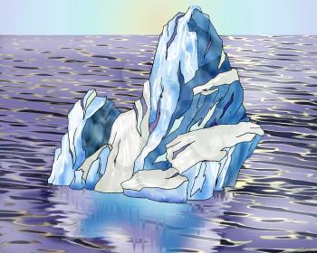 Digital Painting, Illustration of a lonely Iceberg swimming in a ocean. Cartoon Style Character, Fairy Tale Story Background