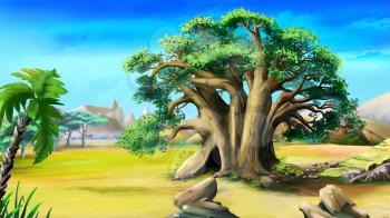 Digital painting of the African baobab in a summer day.