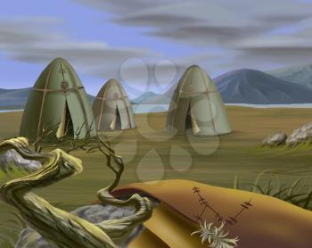 Digital Painting, Illustration of a Traditional Tent in Tundra, Yurt. Realistic Cartoon Style
