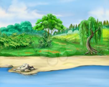 Digital Painting, Illustration of a trees by the river in a summer day. Cartoon Style Character, Fairy Tale Story Background.