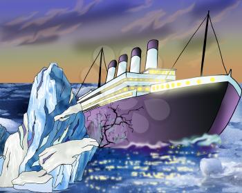 Digital Painting, Illustration of an Iceberg Tearing a gash in hull of the ocean liner. Cartoon Style Artwork Scene, Story Background.