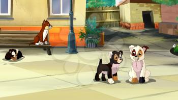 Funny and cute multi-colored puppies in the yard. Digital painting  cartoon style full color illustration.
