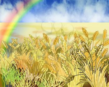 Digital Painting, Illustration of a Rainbow Over Wheat Field in Summer Day. Cartoon Style Character, Fairy Tale Story Background.