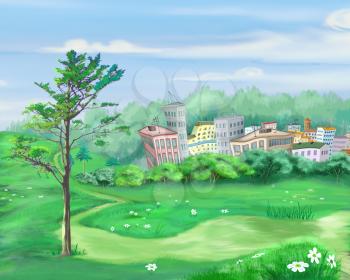 Digital Painting, Illustration of the rural landscape with lonely tree and small city on background.  Cartoon Style Character, Fairy Tale Story Background.