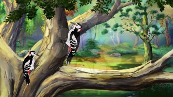 Several woodpeckers sitting on the branches of trees in the forest on a sunny summer day. Digital painting  cartoon style full color illustration.
