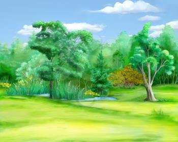 Digital Painting, Illustration of a field at the edge of the forest in a summer day. Cartoon Style Character, Fairy Tale  Story Background.