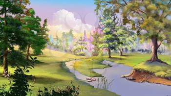 Beautiful view of idyllic autumn landscape with River and Forest Edge. Digital Painting Background, Illustration.