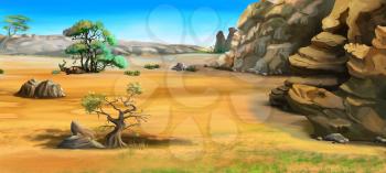 Digital Painting, Illustration of a African landscape with trees near the mountains. Cartoon Style Character, Fairy Tale  Story Background.