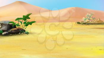 Digital Painting, Illustration of a Lonely Plant in a Desert. Cartoon Style Artwork Scene, Story Background.