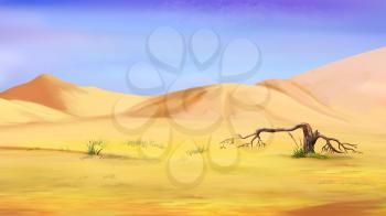 Digital Painting, Illustration of a small dried tree in the desert. Cartoon Style Character, Fairy Tale Story Background