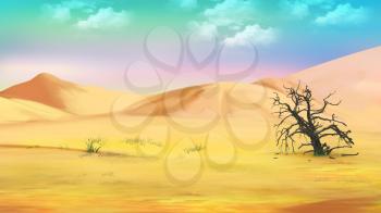 Digital Painting, Illustration of a dried tree in the hot desert. Cartoon Style Character, Fairy Tale Story Background.