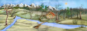 Gloom and dull landscape with Small House Near the River in late Autumn. Digital Painting Background, Illustration.
