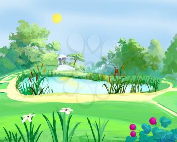 Digital Painting, Illustration of a small arbor near a pond in a summer park.  Cartoon Style Character, Fairy Tale  Story Background.