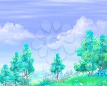 Digital Painting, Illustration of a clouds in a blue sky over a forest in a summer day. Cartoon Style Character, Fairy Tale Story Background.