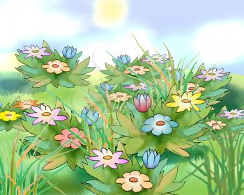 Digital Painting, Illustration of a Flowers in a meadow in a summer day. Cartoon Style Character, Fairy Tale Story Background