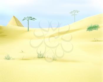 Digital Painting, Illustration of a yellow desert sands under a blue sky. Cartoon Style Character, Fairy Tale Story Background.