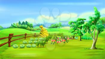 Rural Landscape with Vegetable Garden in a Summer Day. Digital Painting Background, Illustration in cartoon style character.