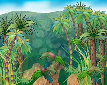 Digital Painting, Illustration of a green crowns of palm trees on a background of mountains and blue sky. Cartoon Style Character, Fairy Tale Story Background.