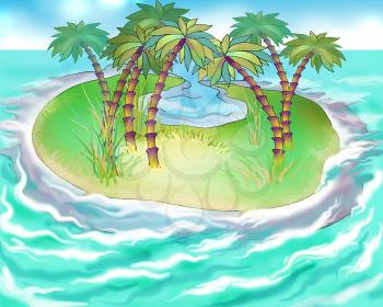Digital Painting, Illustration of the uninhabited island in the ocean.  Cartoon Style Character, Fairy Tale Story Background.