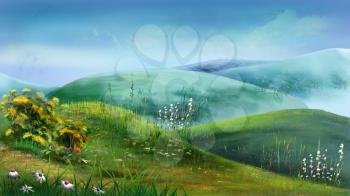 Beautiful view of idyllic landscape with fresh green meadows full of blooming flowers on a sunny day with blue sky and clouds in summertime. Digital Painting Background, Illustration.